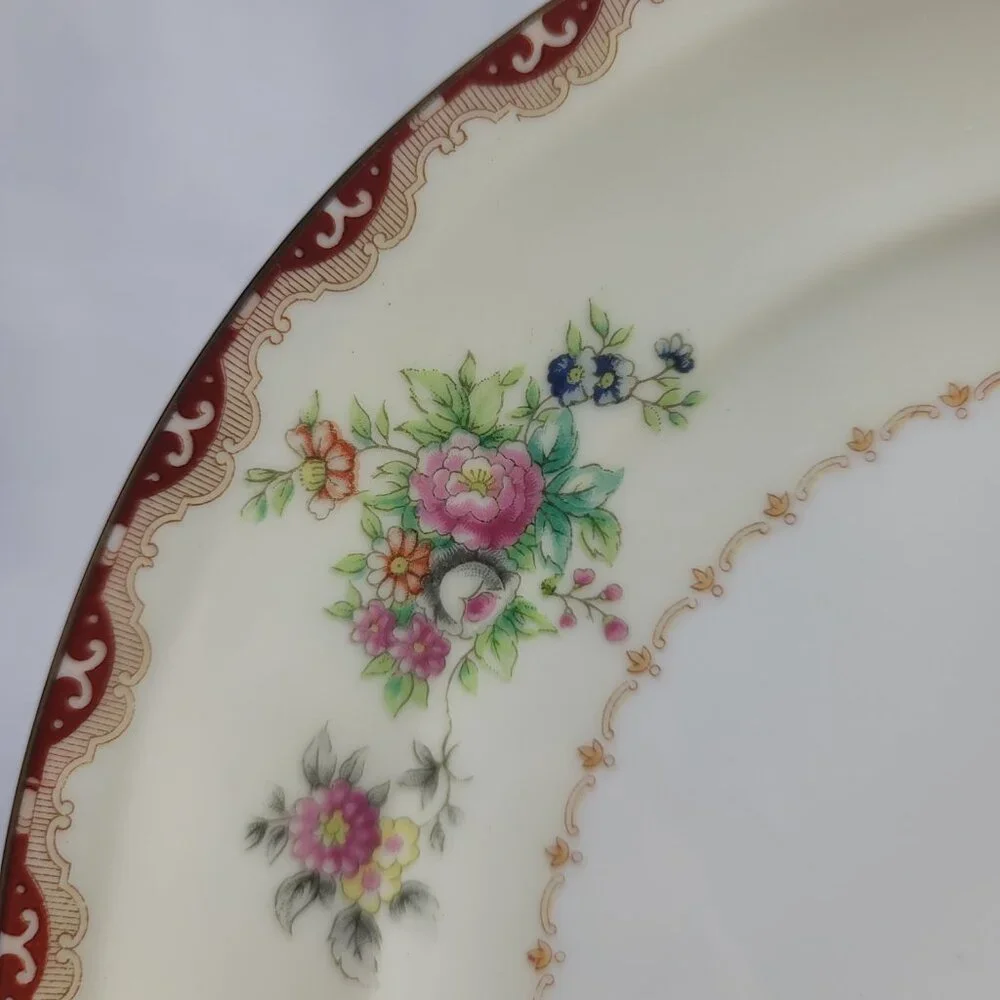 TWO Meito Keepsake Dinner Plates Ivory with Rust & Tan Scroll & Floral Rim
